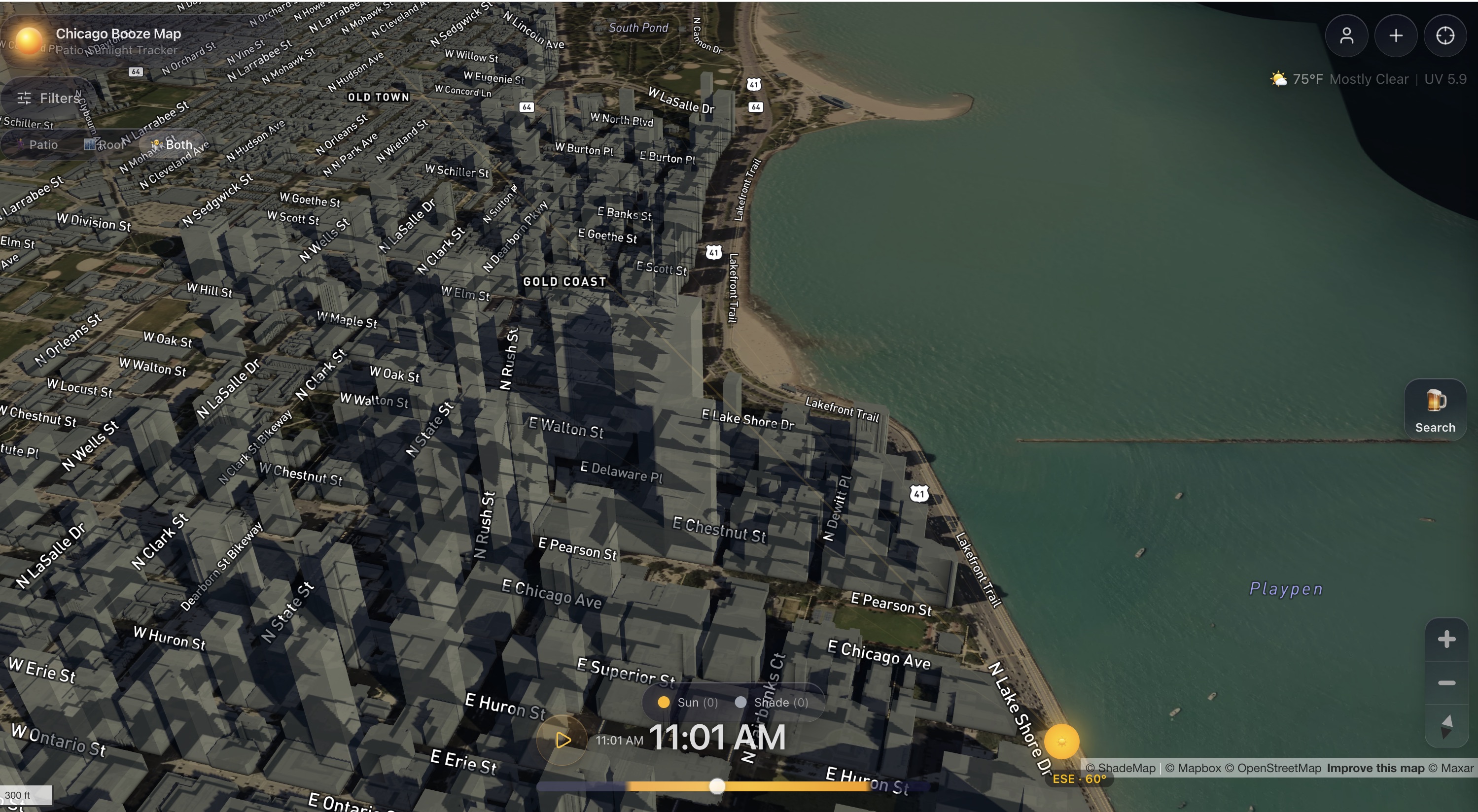 Booze Maps tracing sun and shade across a 3D map of Chicago's lakefront.