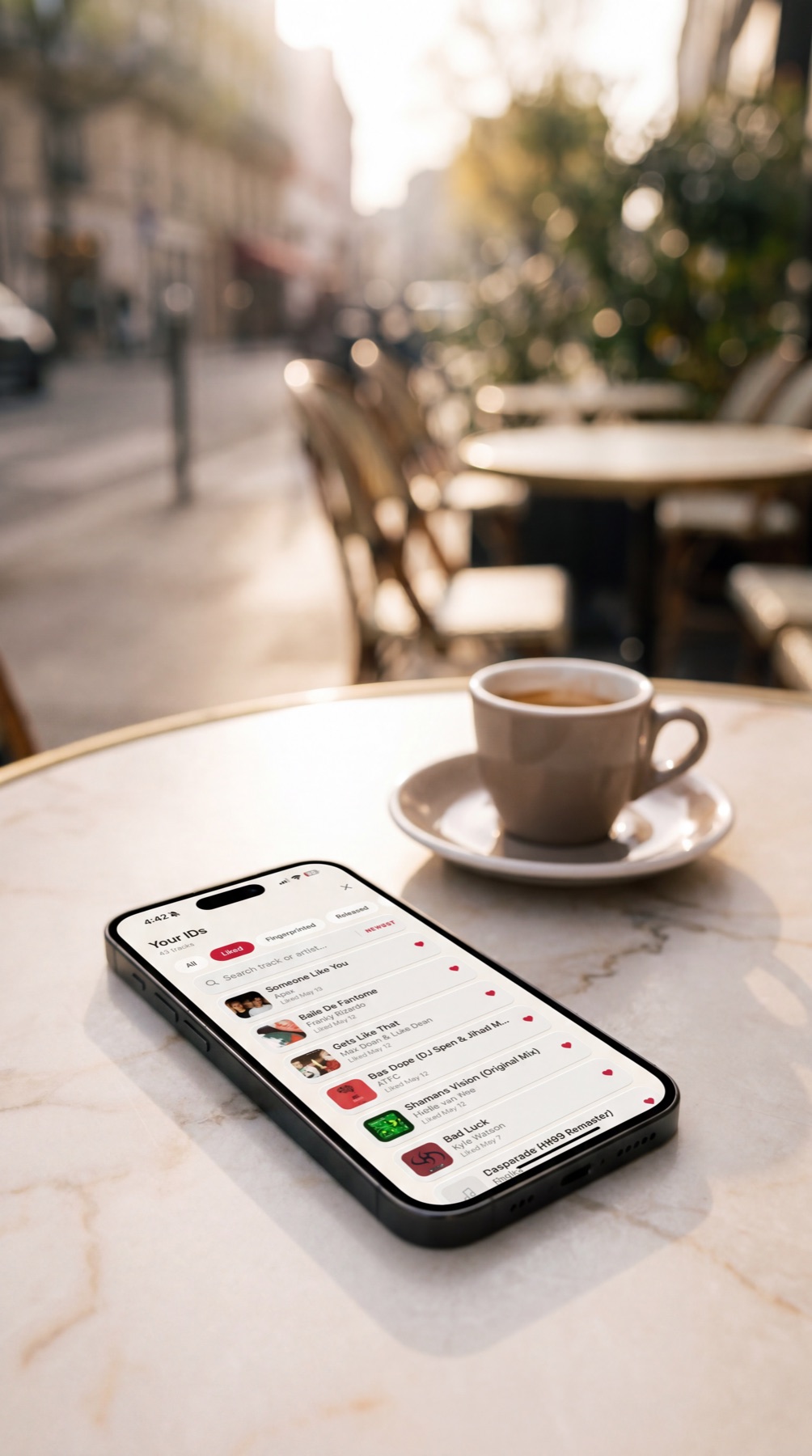 Trakd IDs list on a phone next to an espresso at an outdoor cafe.